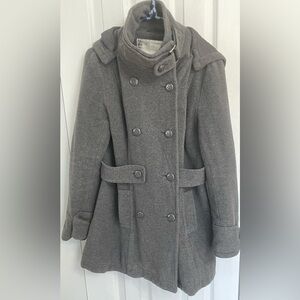 Women's Gray Double-Breasted Coat with Detachable Hood Size 170
